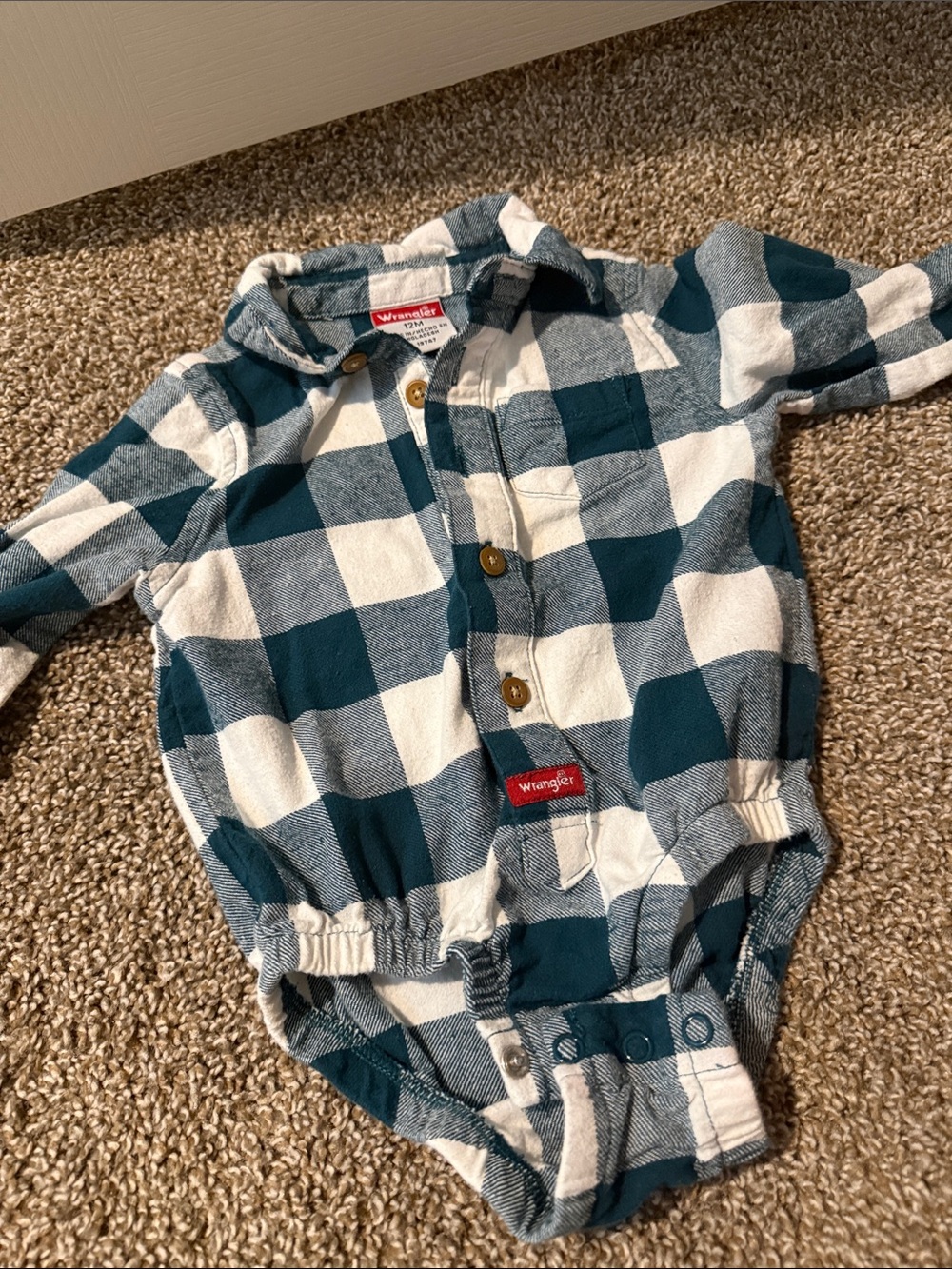 Wrangler Blue and White Plaid Button-Up Baby Onesie